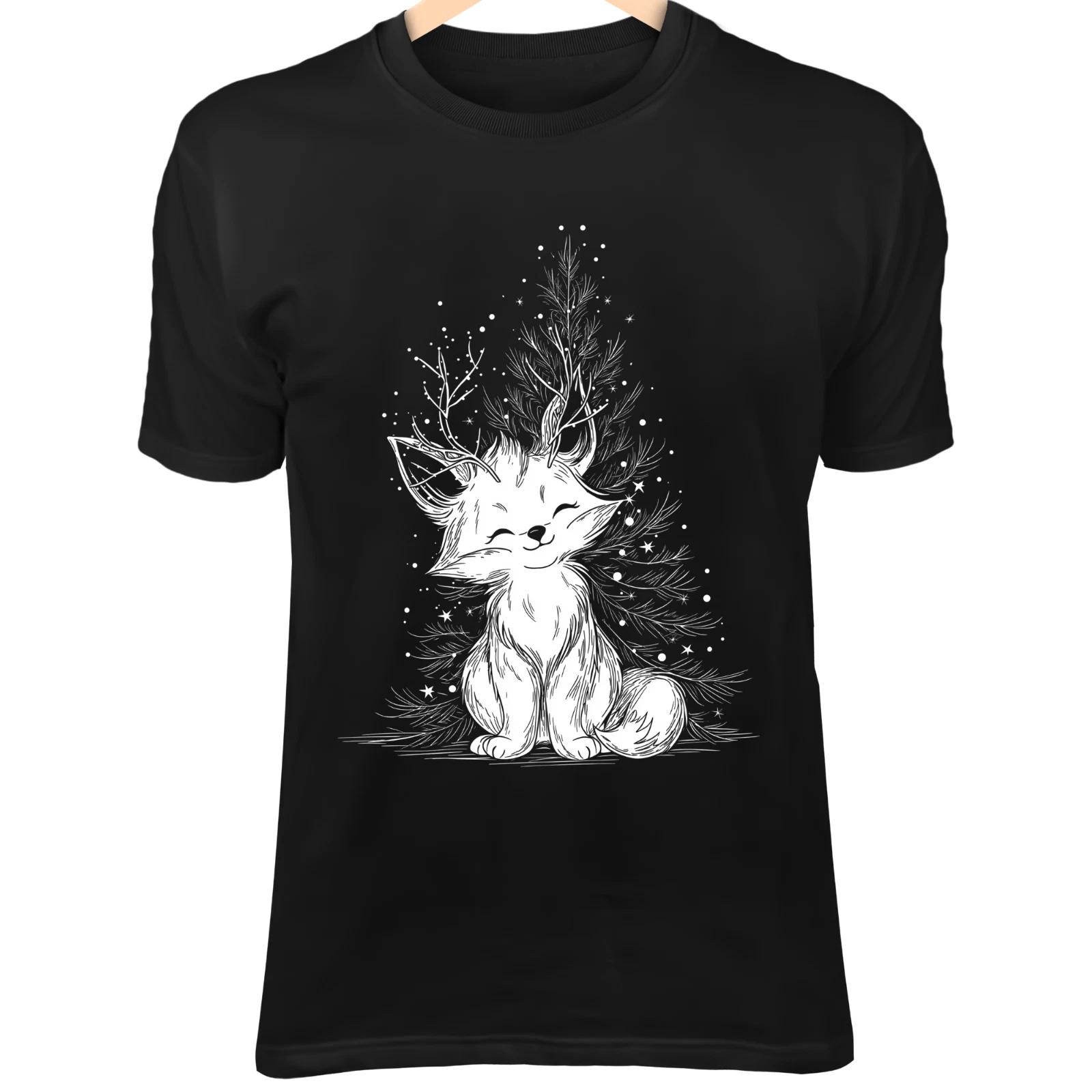 Christmas Fox Line Art - Cute Minimalist Cartoon with Reindeer Antlers & Glowing S
