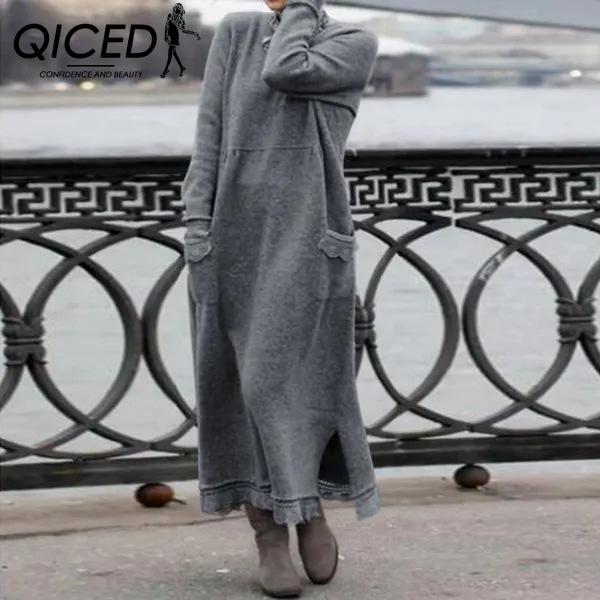 

QICED Осенняя свободная трикотажная кружевная юбка большого размера и флисовый свитер повседневное платье