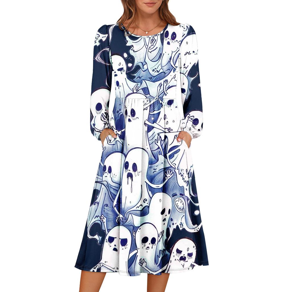 Women's Fashionable Loose Halloween Printed Round-neck Dress