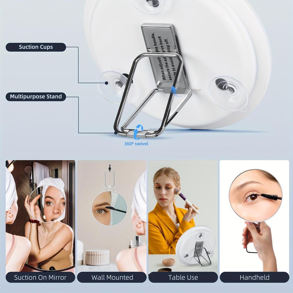 Handheld 6-inch Makeup Mirror with 10x, 20x, 30x Magnification and 360° Rotating Bracket