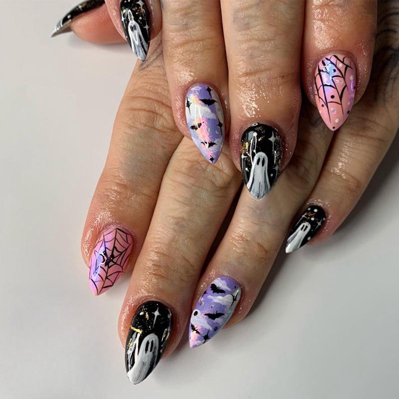 24 pcs Almond-Shaped Halloween Nail Tips with Spider Web and Bat Designs - High-End Wearable Nails