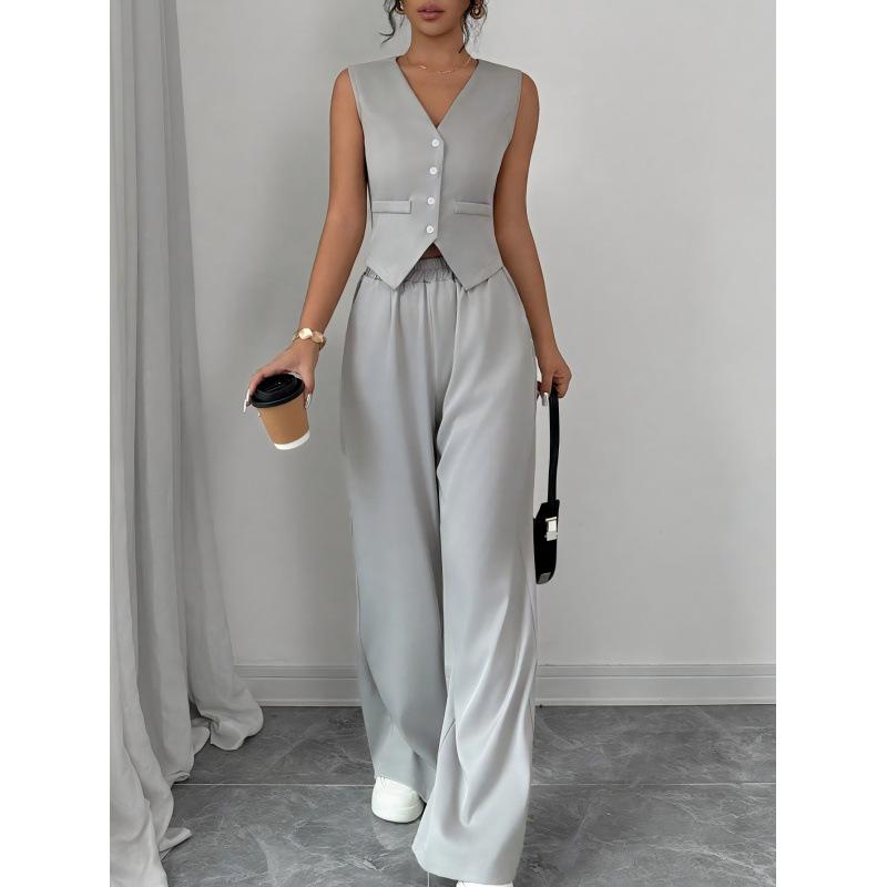 Cross-border Amazon European and American women s clothing 2025 new spring and summer temperament button sleeveless vest trousers set XS серый