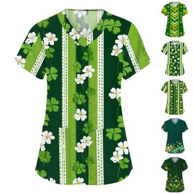Women's Fashion V-neck Short Sleeve Workwear With Pockets Printed Tops