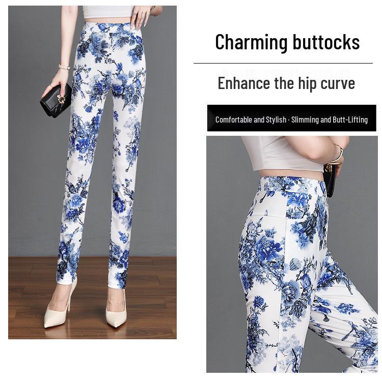 Versatile Floral Plaid Slimming Pants for Women - 2024 Summer, Elastic Waist, Long and Tight-fitting.