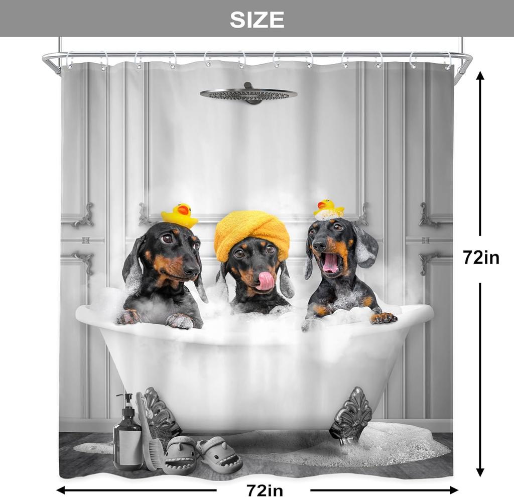 Lustige Hunde Duschvorhang 72Bx72H Zoll Dackel badet in Badewanne Niedliches Tier Welpe Haustier Urkomischer Duschvorhang Badezimmer-Set