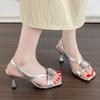 Fashion Luxury Crystal Women Heeled Sandals Designer Square Toe Mid Heels Shoes Summer 2025 Stilettos Pumps Slingback Femme