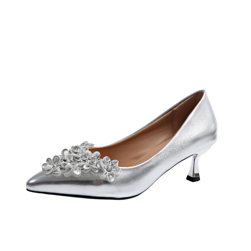 Fine Heel Bright Leather Single Shoes Summer New Pointed Head Shallow Mouth Crystal Flower Set Foot Non-slip High Heels