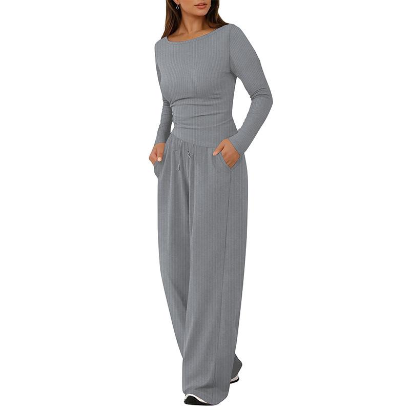 

Autumn Solid Color Knitted Style Casual Long Sleeve Long Pants Two Piece Sport Loungewear Set XL світло-сірого кольору