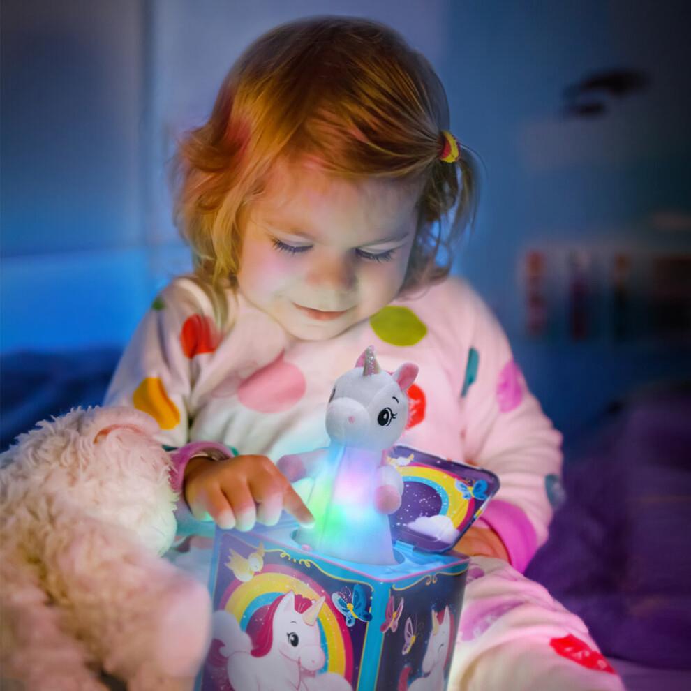 Schylling Pop & Glow Unicorn Jack in the Box - Unicorn Toy Jack in the Box for Kids with Handle , Music Box for 18 months +