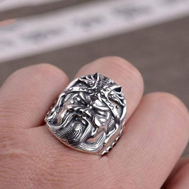 Adjustable Open Ring Men Women Plated Guan Yu Warrior Design Vintage Style Statement Jewelry Gift