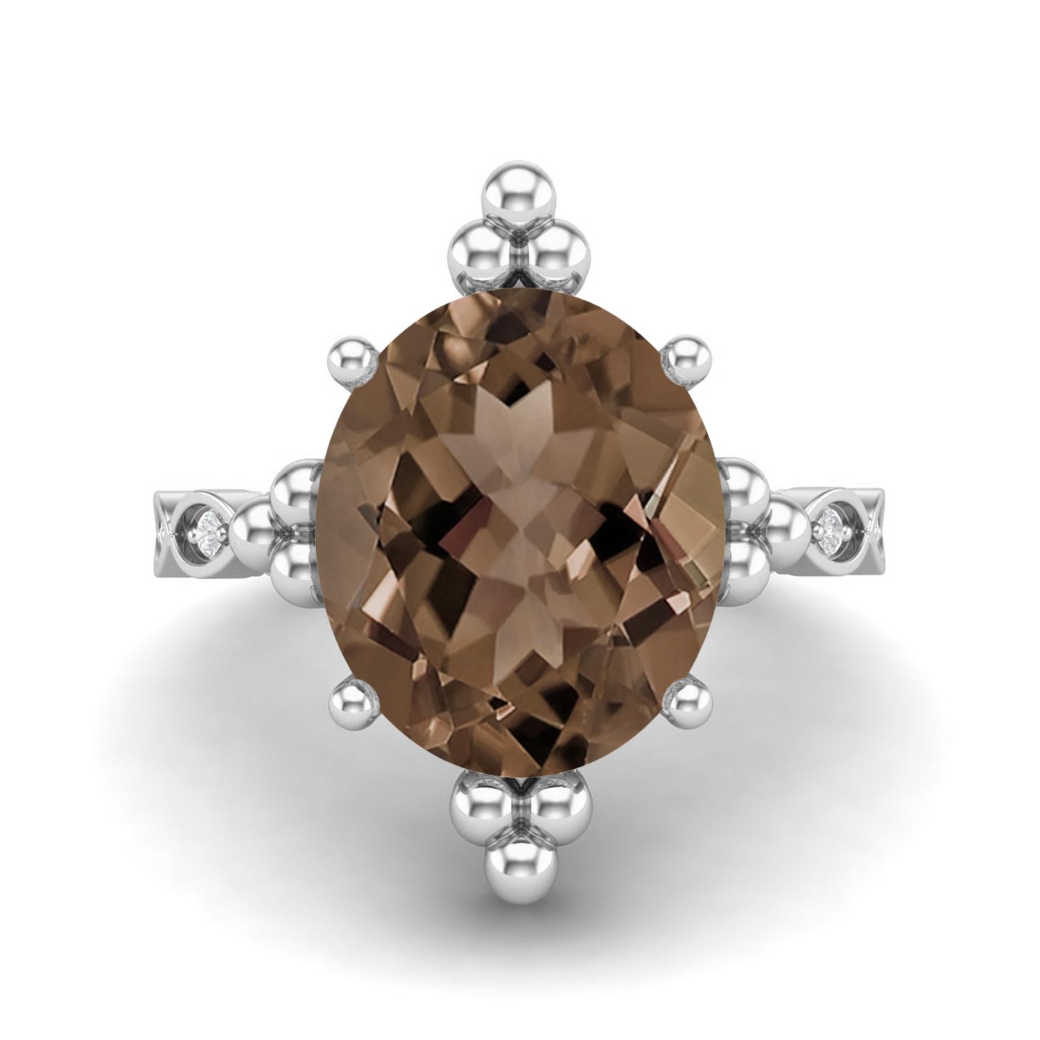 12X10mm Oval Smoky Quartz Solitaire 925 Sterling Silver Beaded Women Engagement Ring 5 белый