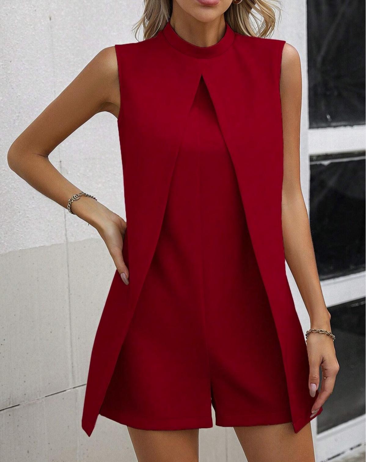 

Летний однотонный комбинезон без рукавов с воротником-стойкой, шорты большого размера XL красный