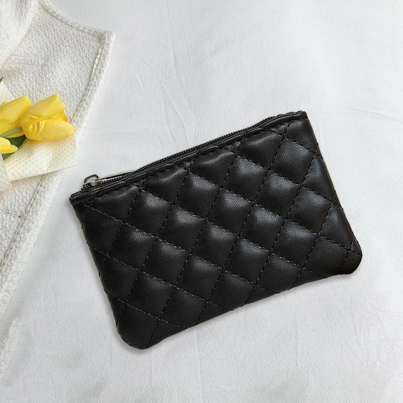 Women Coin Purse Solid Color Faux Leather Rhombus Texture Zipper Closure Blong Shape Large Capacity Portable Lightweight Firm Stitching