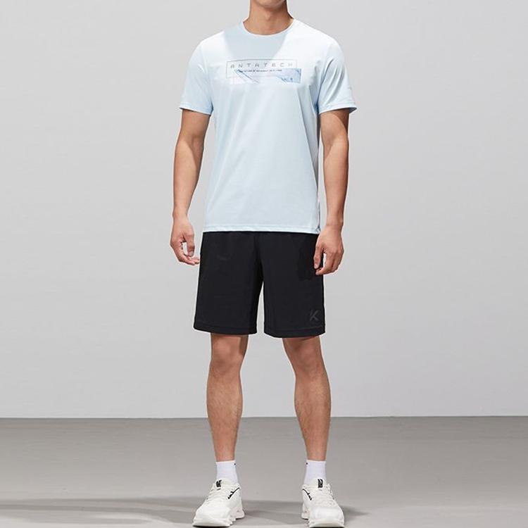 Anta Letter Print Round Neck Sports Knit Short Sleeve T-Shirt Men Tops Blue 152237132-210454