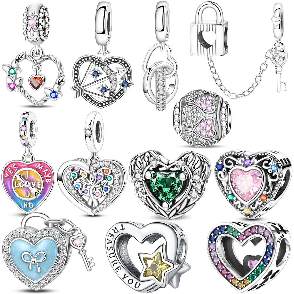 Authentic Original Pink Love Heart Pendant Bead Component Blue Key Bead Components Compatible With Bracelet High Quality Fine Jewelry Charm Bead