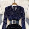 New Autumn Celebrity Temperament V Neck High Waist Dress with Bronzing Printing Fold Stitching and False Two Bag Hip Design