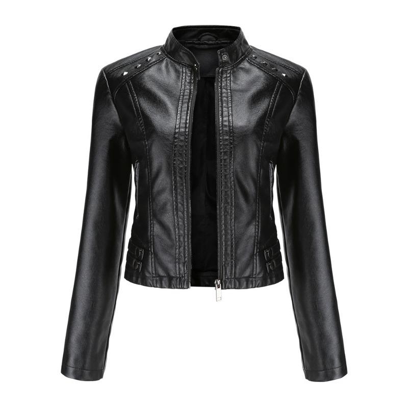 

Women s New Rivet Leather Jacket Women s Spring and Autumn Jacket Long Sleeve Women s Jacket Stand-Up Collar Fashion Jacket - S чорний