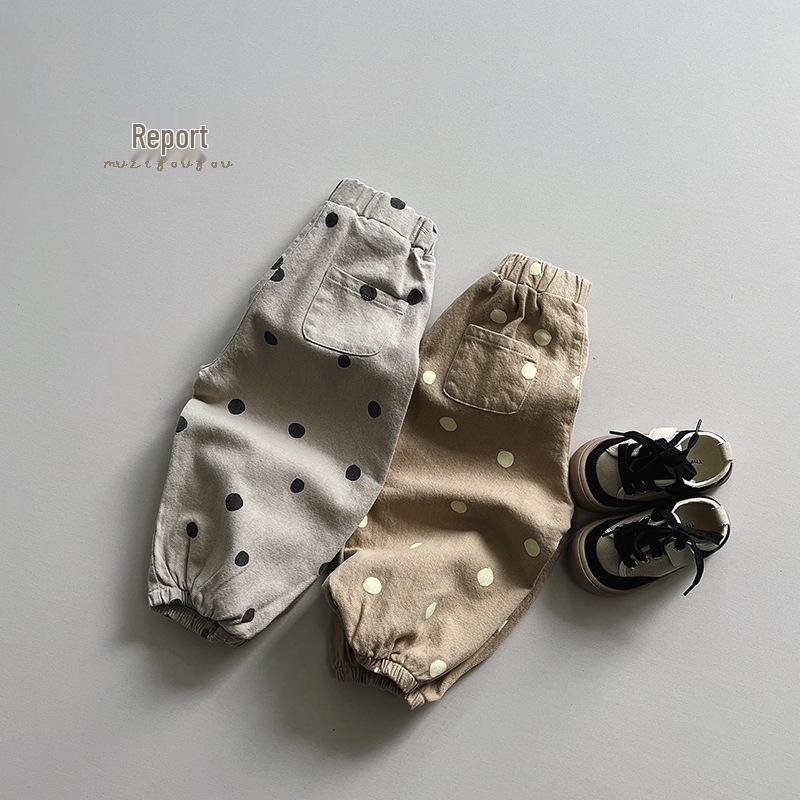 Kids' Polka Dot Korean-Style Drop-Crotch Pants – Spring/Autumn Casual Wide-Leg Design