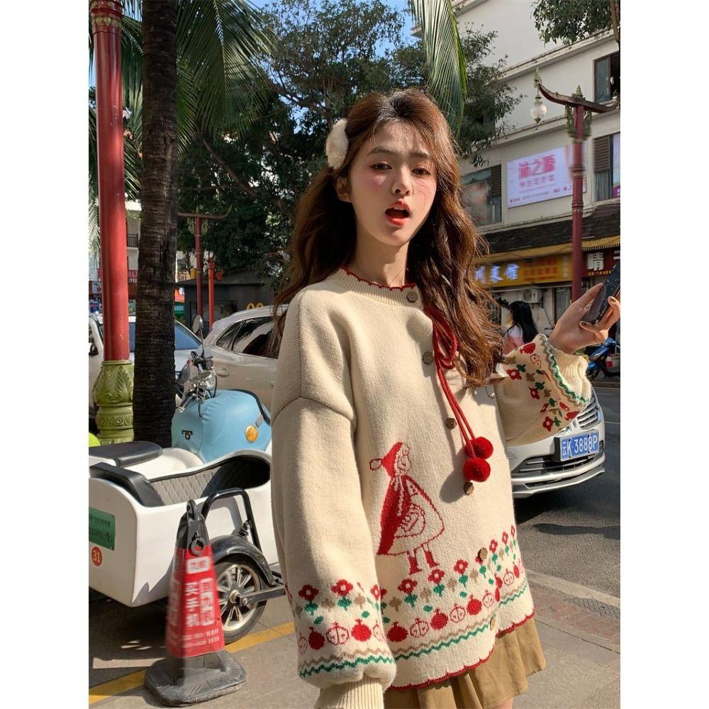 

Ladies Simple Drawing Jacquard Wool Ball Sweaters Retro Loose Solid Color Cardigan Autumn Female Versatile Fashion Single Breasted Top M абрикосовый