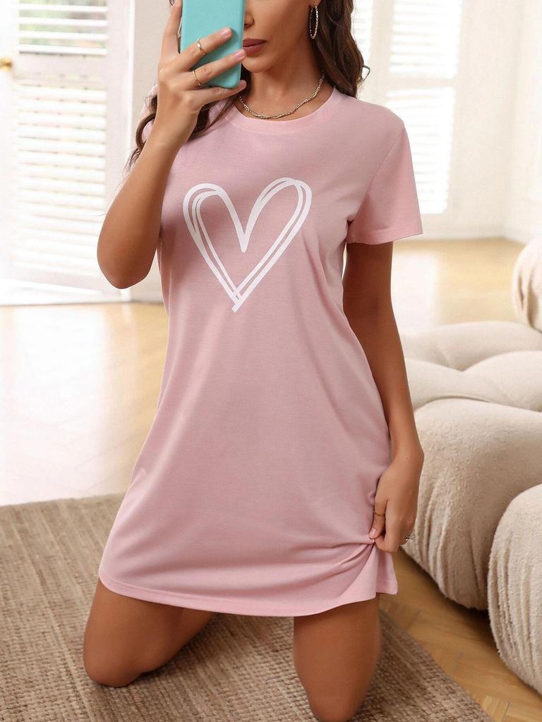 Heart Print Short Sleeve Nightdress - Comfortable and Stylish for Home or Outdoors