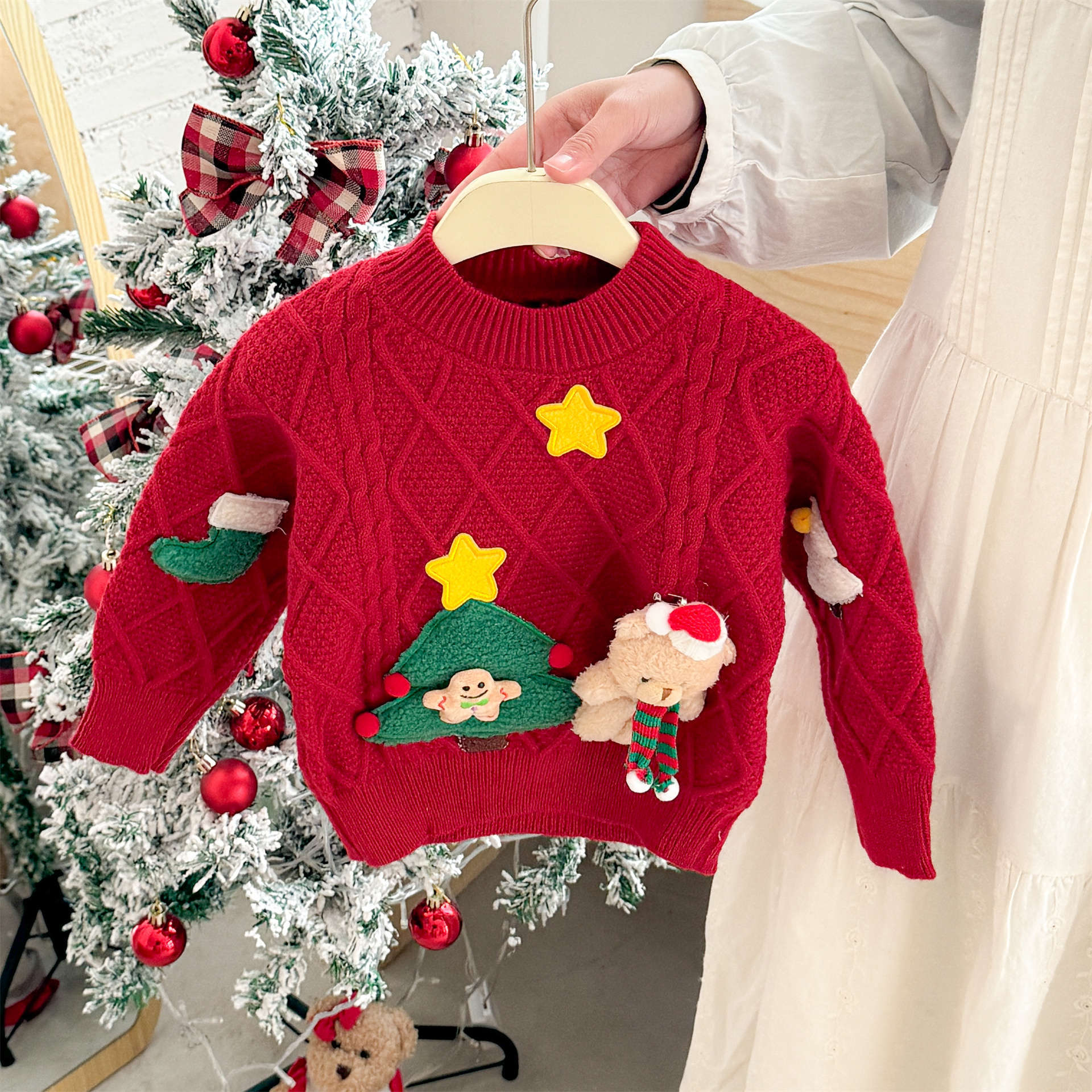 Kids Christmas Thick Knit Sweater Set for Boys and Girls Warm Pullover Top 80 красный