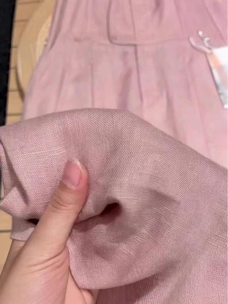 Smoke Pink Tencel Linen Wide-Leg Pants: Women's Petite Ramie Cotton & Linen Straight-Leg with Drape