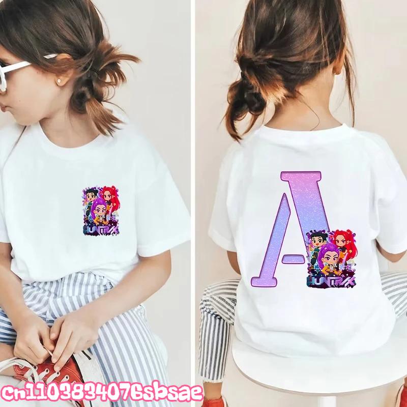 

Модные Детские Футболки A-Z 26 Букв Kpop Охотник на Демонов HuntrX Графические Детские Топы Футболки с Коротким Рукавом Одежда для Детей 110