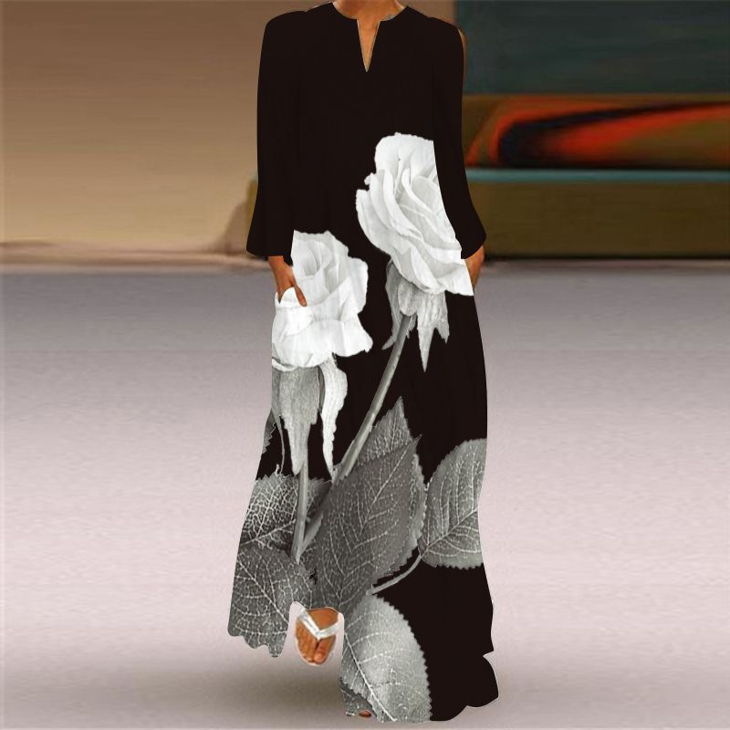 2025 Spring and Summer Fashion New Women's Retro Butterfly Print Long Dress Chiffon V Neck Long Sleeves Pocket Dress