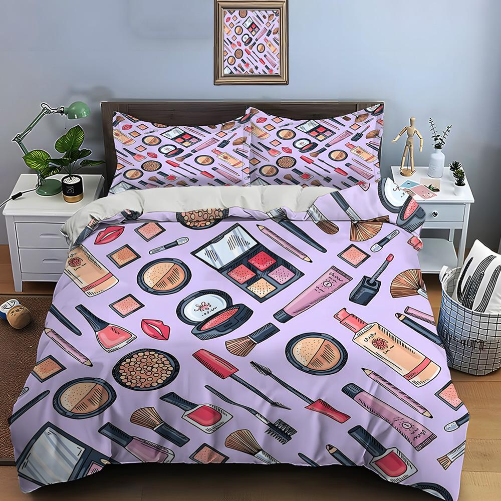 3PC Fashion Make Up Print Bedding Set Duvet Cover 1 Duvet Cover 2 Pillowcases Adult and Children Bedding Set Luxury Girls Gifts