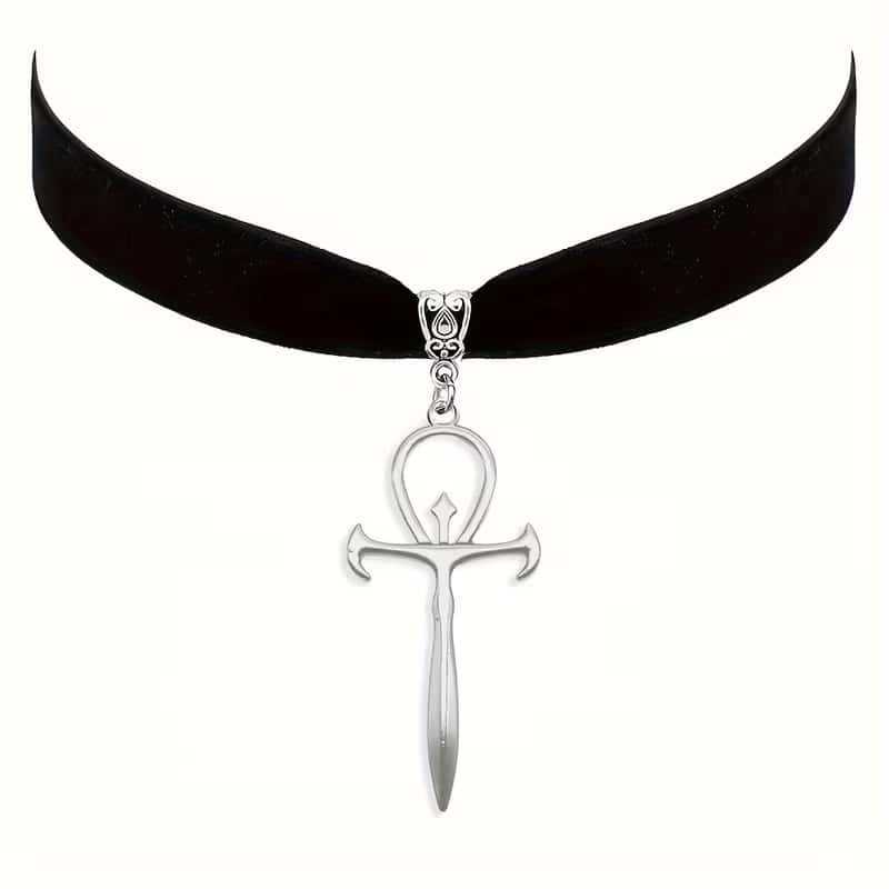 Collana Choker Vampiro Gotico in Velluto Nero con Ciondolo Ankh Spada Croce Colore Argento per Uomini Donne Halloween Gioielli Stregoneria
