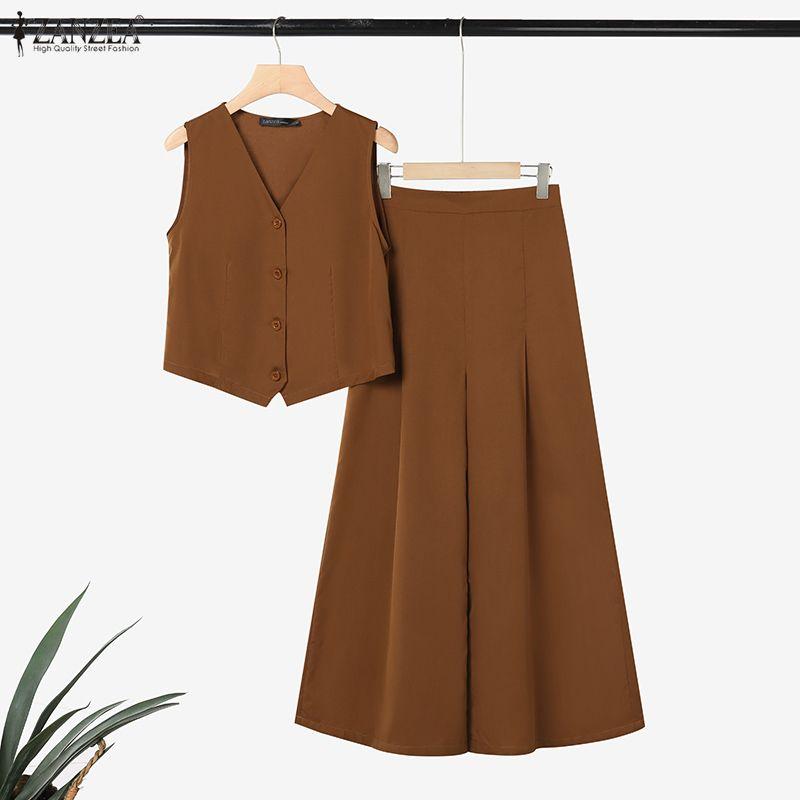 ZANZEA Tops sin mangas y pantalones de pierna ancha para mujer, conjuntos casuales de dos piezas