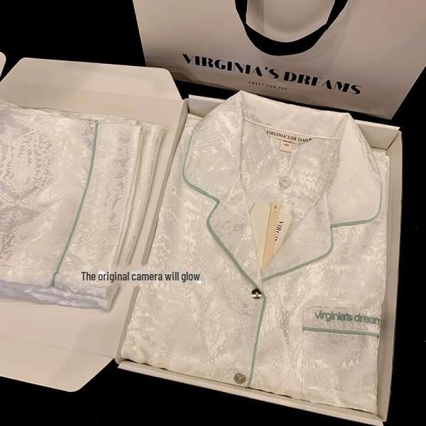 "Jarní luxusní pár pyžamový set z ledového hedvábí - top s dlouhým rukávem a žakárové kalhoty"