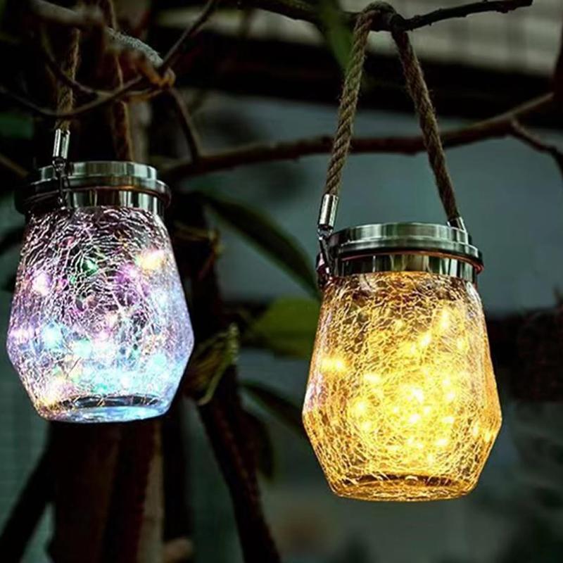 Solar Diamond Hanging Lantern Outdoor with LED String Lights Warm White/Multicolo Cracked Glass for Garden Patio Yard Porch Deco