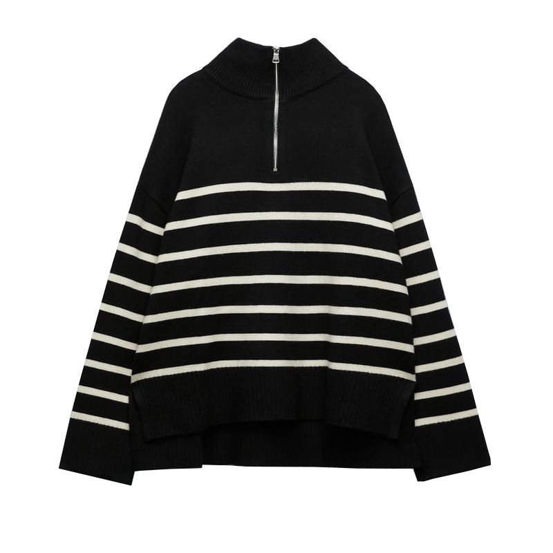 Autumn New Stand Collar Long Sleeve Contrast Color Striped Pullover