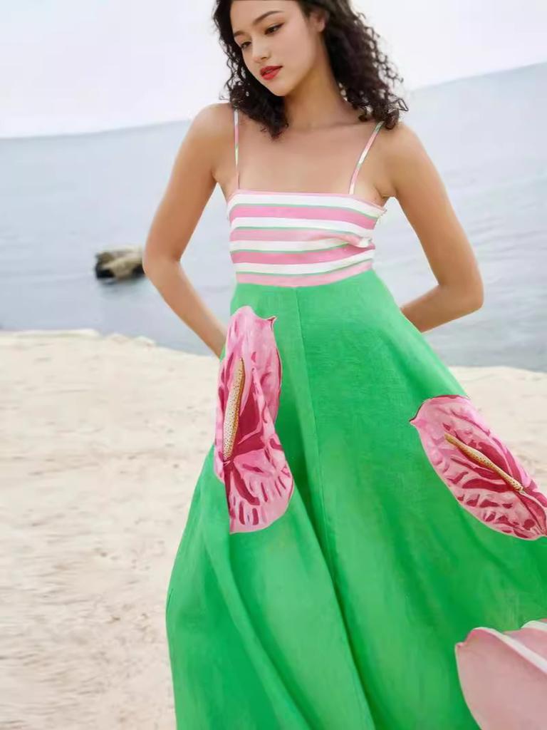 Summer New Sexy Strappy Printed Striped High Waist Wide Leg Dress