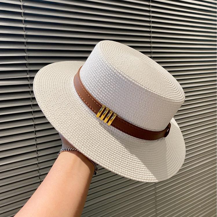 British Retro Women'S Straw Hat Spring/Summer Flat Top Sunscreen Beach Fashion Casual Black Jazz Style
