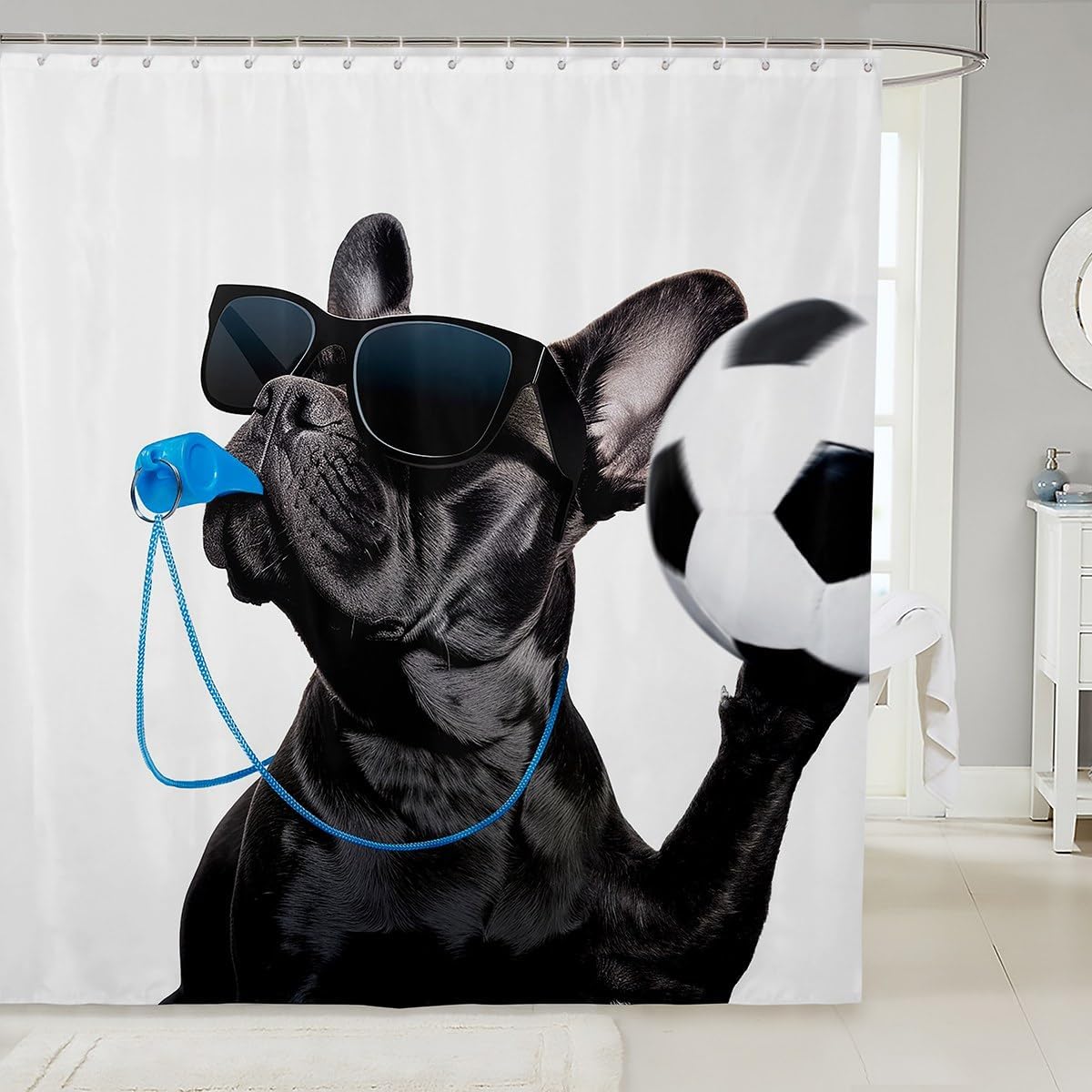

Soccer Ball Shower Curtain Funny Dog Referee Football Kids Boys Sports Competitive Design Bathroom Decor With Hooks W60H190(CM)-1 Pcs