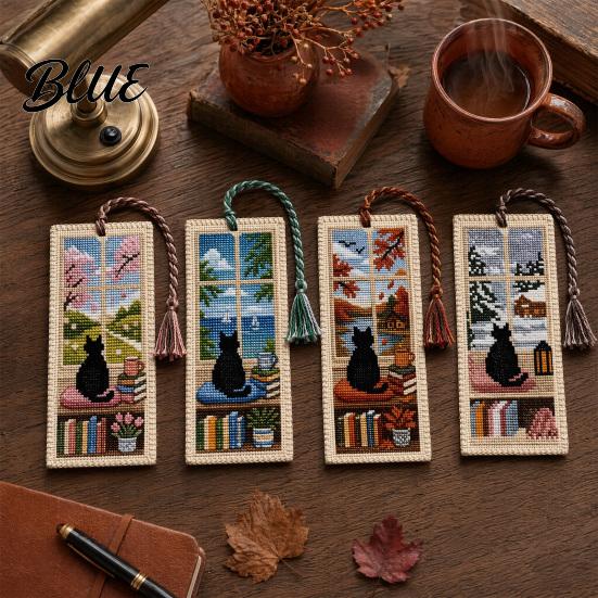Cross-stitch Bookmark Seasonal Cat Cross-Stitch Bookmark Four Seasons Black with Artistic Braided Rope Handcrafted Book Page Marker for Lovers