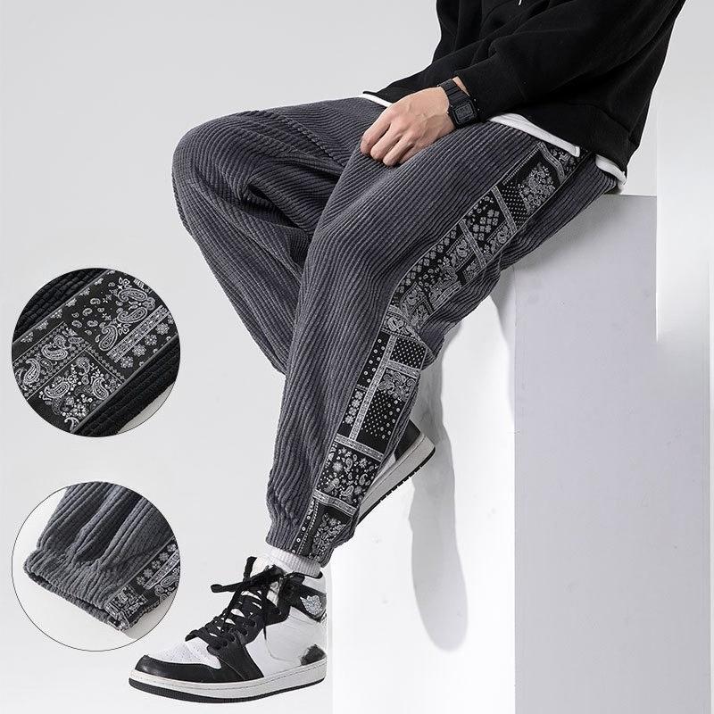 Pantalones Casuales de Pana Estilo Chino para Hombre con Parches de Cachemir Pantalones Deportivos Estilo Japonés Talla Grande para Otoño e Invierno