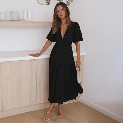 Women's Bohemian Long Dress Deep V Neck Puff Short Sleeve Swing Dress Summer Tiered Flowy A Line Midi Dress