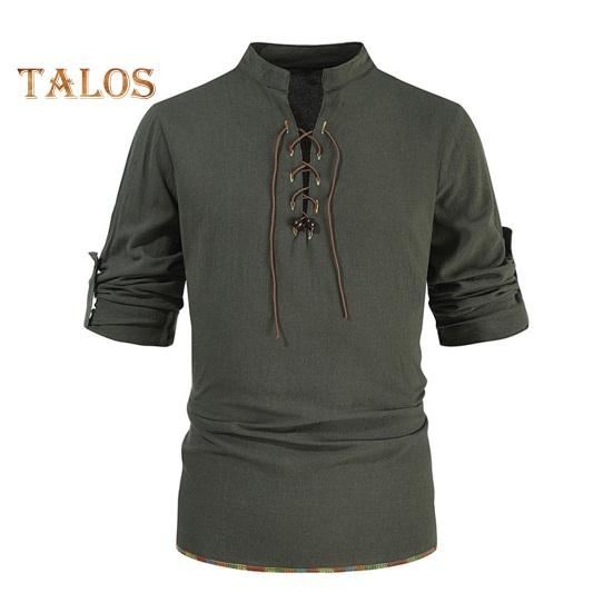 Spring Autumn Men Shirt Lace-up Stand Collar Long Sleeves Solid Color Loose Retro Medieval Mid Length Casual Commuting Office Top