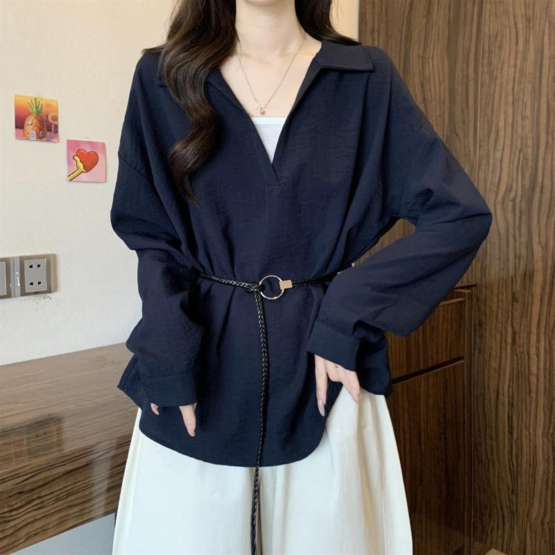 Korean Style Right Shoulder Long Sleeve Shirt for Women Spring and Autumn New Style Commuting All-match Waist Top