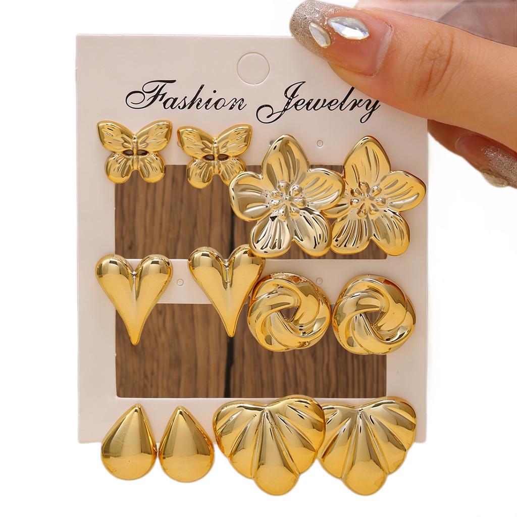 New gold stud earrings set female butterfly flower love water drop shape versatile earrings female