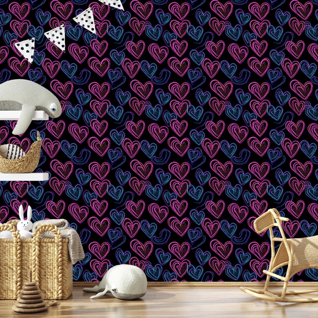 Neon Glitter Hearts Wallpaper Black and Navy Blue 50x1000