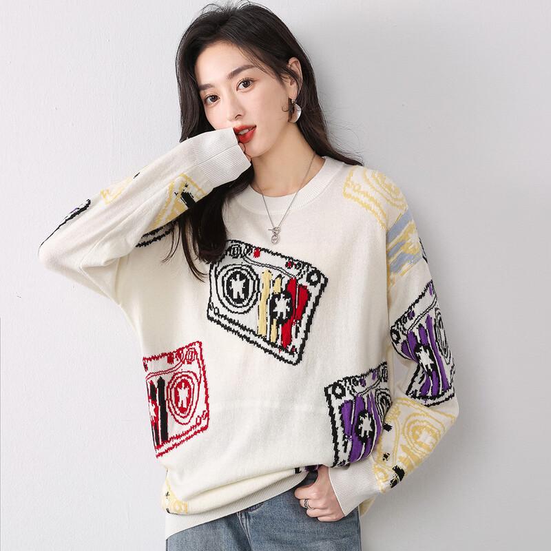 Mokaona Women's Stylish Loose-Fit Jacquard Wool Sweater