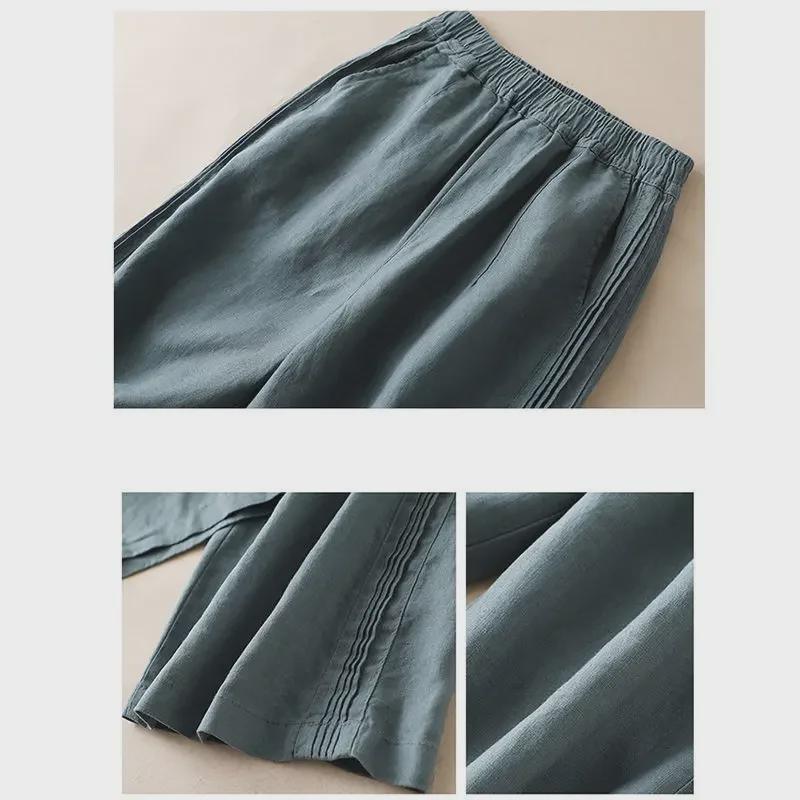 Damskie letnie spodnie z wysokim stanem z bawełny i lnu z szerokimi nogawkami i bocznymi zakładkami - casualowe spodnie z prostymi nogawkami w stylu koreańskim