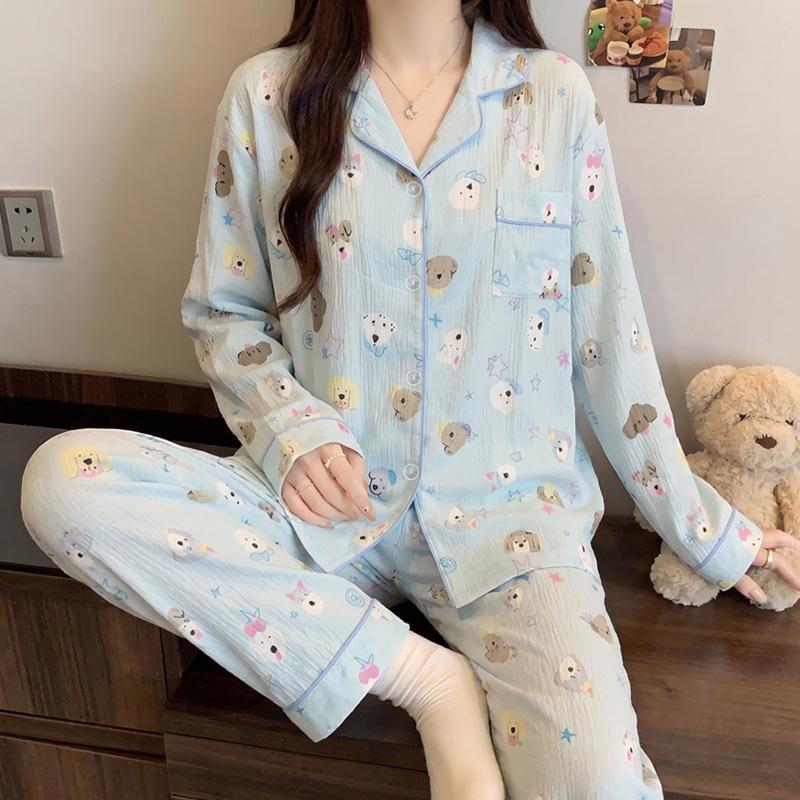 Color polka dot pajamas women's long-sleeved trousers spring and autumn cloud cotton suit casual cardigan simple loungewear