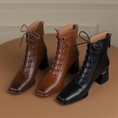 Mode 2025 Herbst Damenstiefel Eckige Zehenpartie Reißverschluss hinten Damenschuhe Klobige Absätze Schuhe für Damen Stiefel mit hohen Absätzen Vintage Lederschuhe