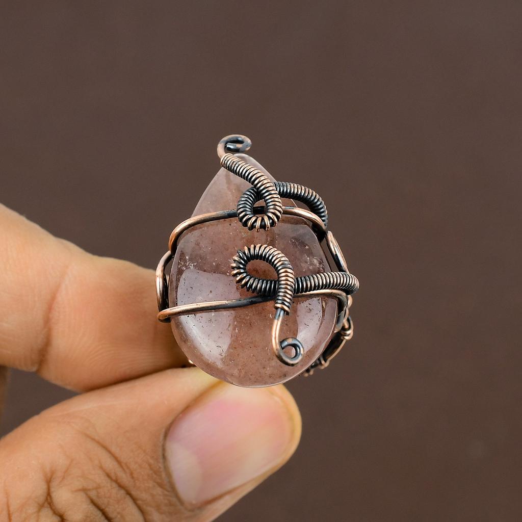 Natural Strawberry Quartz Gemstone Copper Wire Wrap Gift Ring Size 5.5 H1p76