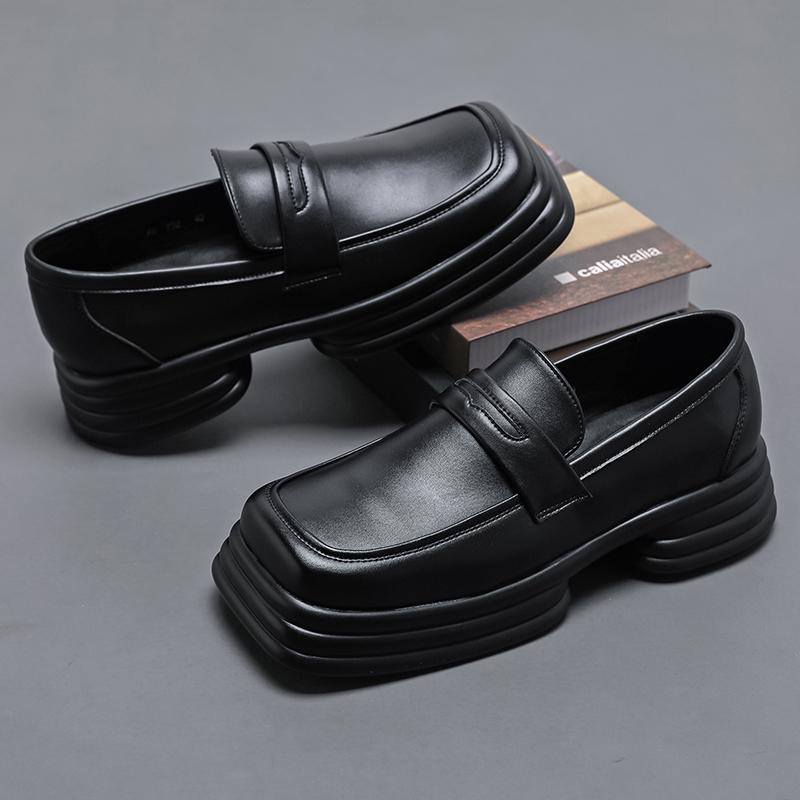 Men Square Toe Loafers Thick Soled PU Black White Patchwork Mask Decoration Business Leisure Men Shoes Versatile Men Work Shoes